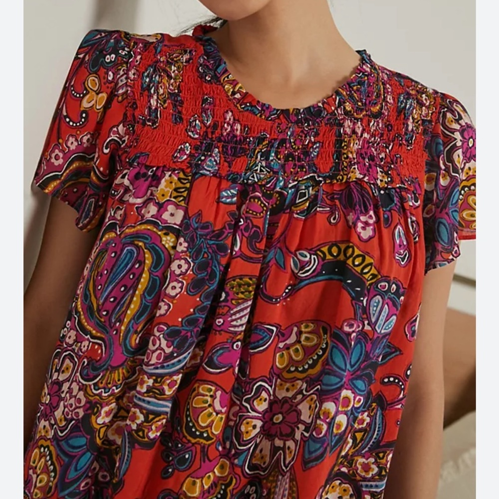Anthropologie Red Paisley Smocked Yoke Flutter Sleeve Top